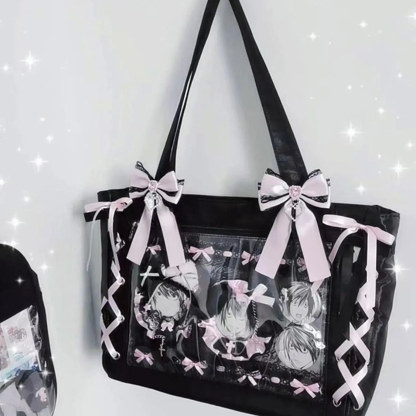 New Japanese Sweet Girl Ulzzang Ita Bag Ribbon Cute Handbag for Women Large Capacity Transparent DIY Badge One-shoulder Tote Bag
