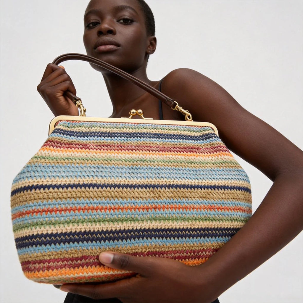 Fashion Large Striped Clip Shell Shoulder Bag for Women Designer PP Straw Handbags Luxury Casual Summer Beach Woven Clutch Bags